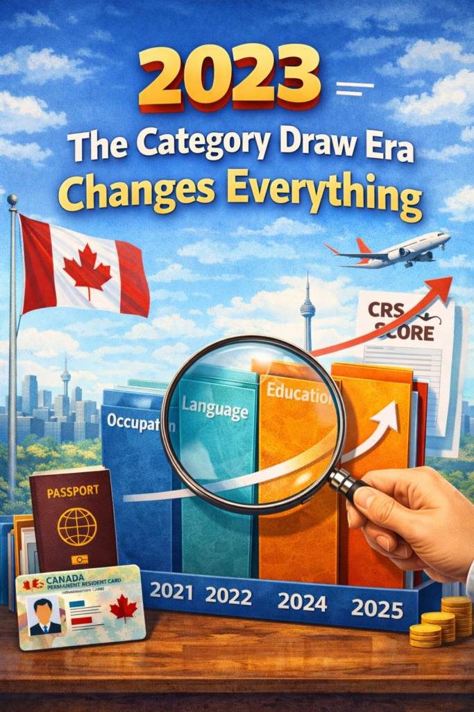 Illustration highlighting 2023 as the start of category based draws in Canada with focus on occupation, language, education, rising CRS score, and immigration documents.