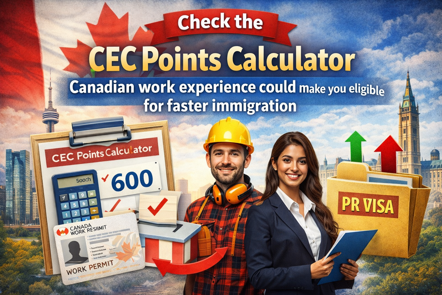 Infographic showing CEC Points Calculator with Canadian work permit, PR visa documents, and Canadian landmarks highlighting eligibility for Canadian Experience Class immigration.
