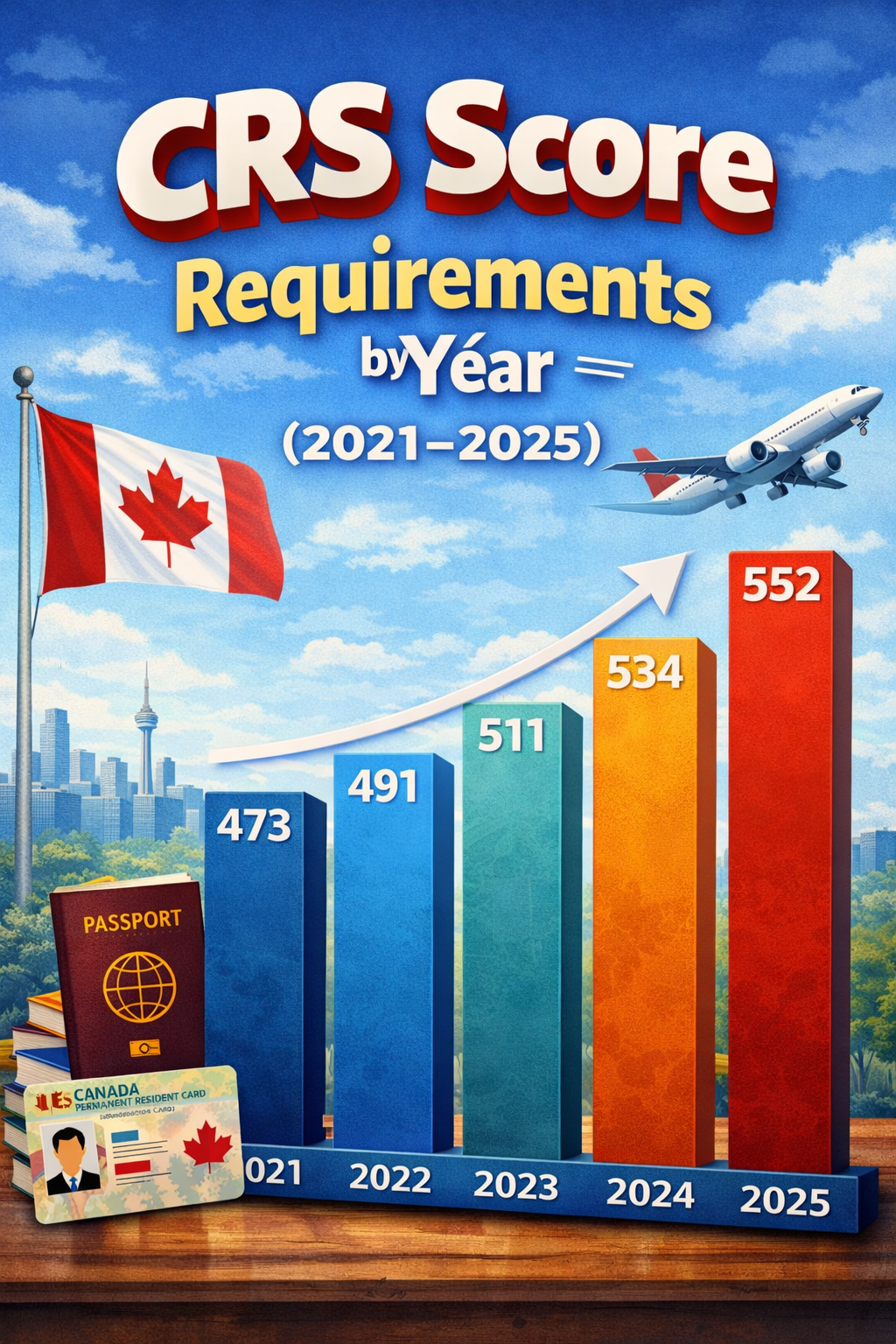 Bar chart showing CRS score requirements by year from 2021 to 2025 with Canadian flag, Toronto skyline, passport, and permanent resident card illustrating Express Entry trends.