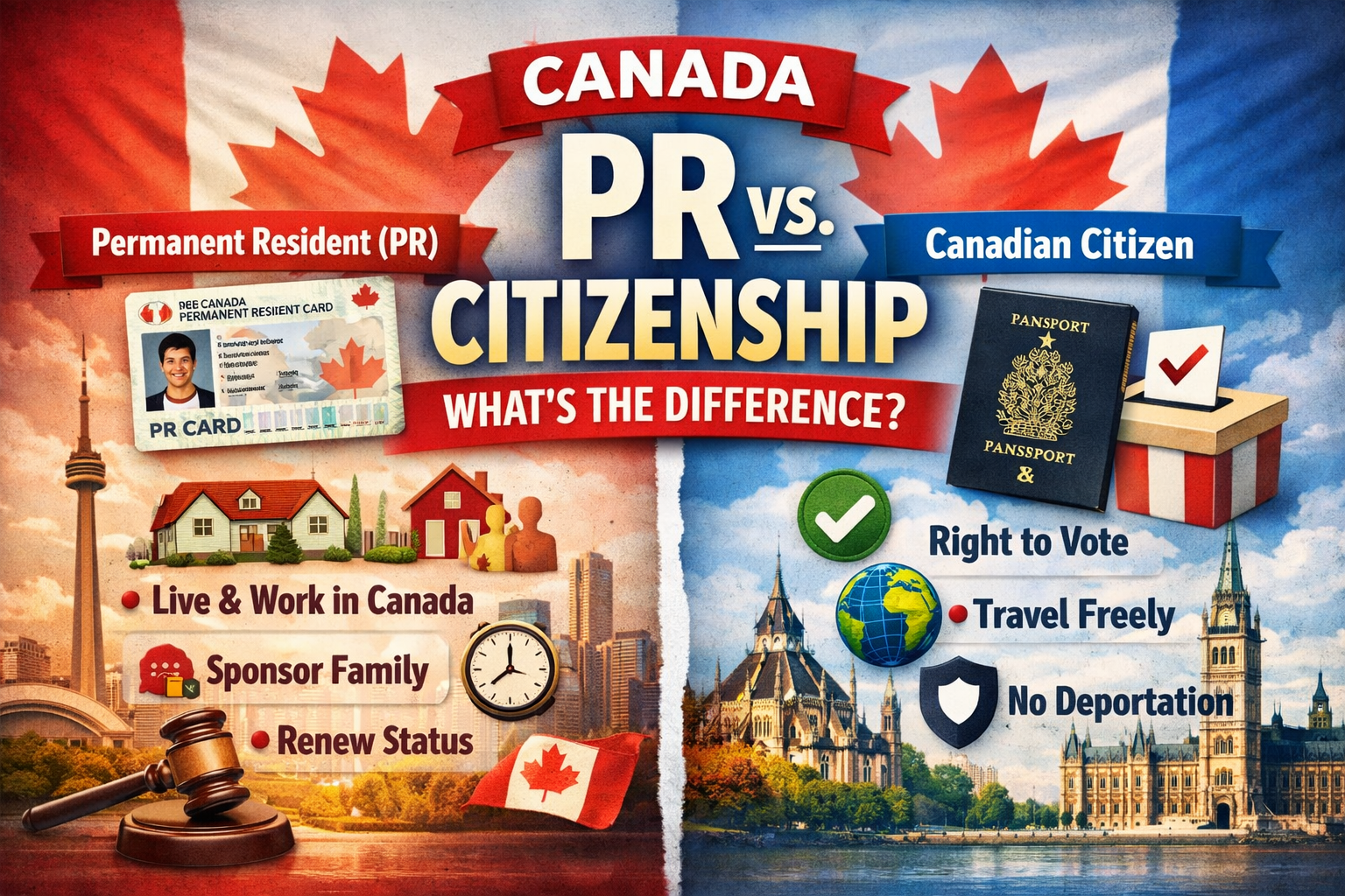 Infographic comparing Canada Permanent Resident status and Canadian citizenship including PR card benefits, passport access, voting rights, and protection from deportation.
