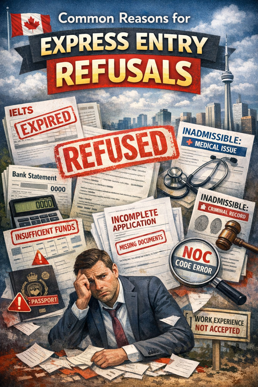 Illustration showing common reasons for Express Entry refusals including misrepresentation, expired IELTS, insufficient funds, medical inadmissibility, criminal record, incomplete application, and NOC code errors.