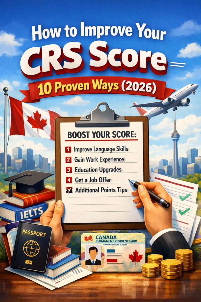 Illustration showing how to improve your CRS score in 2026 with Canadian immigration theme, checklist of proven ways, IELTS books, passport, Canada PR card, airplane, Toronto skyline, and Canadian flag.