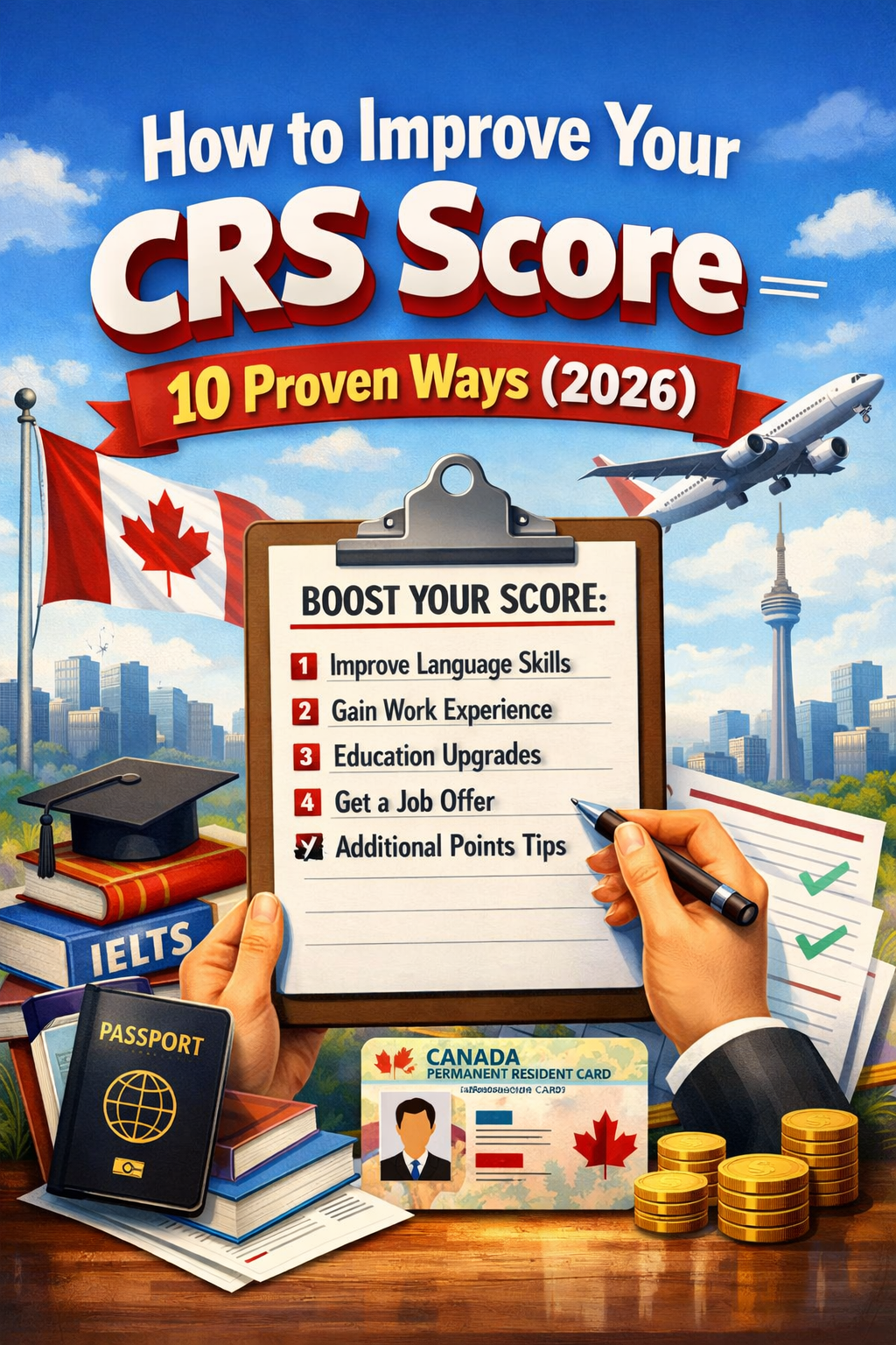 Illustration showing how to improve your CRS score in 2026 with Canadian immigration theme, checklist of proven ways, IELTS books, passport, Canada PR card, airplane, Toronto skyline, and Canadian flag.