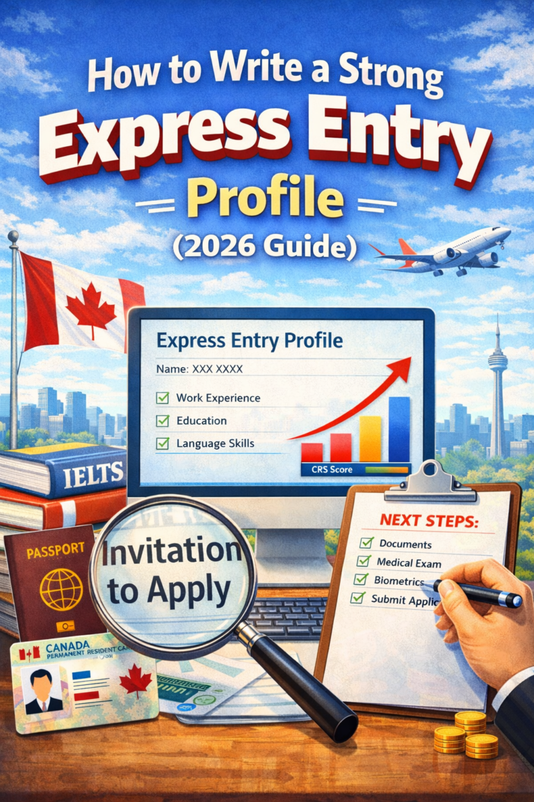 Featured image showing how to write a strong Express Entry profile in 2026 with profile checklist, CRS score growth chart, invitation to apply, passport, IELTS books, Canada permanent resident card, and Toronto skyline.