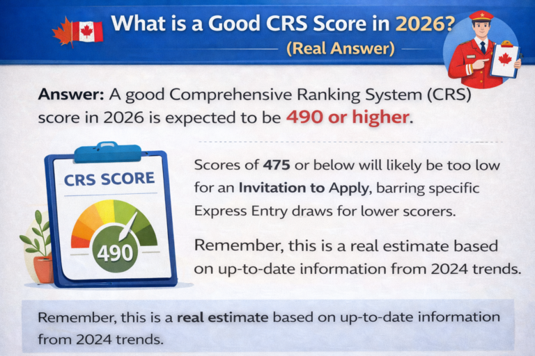 A digital informational graphic titled "What is a Good CRS Score in 2026? (Real Answer)" explaining that a good Comprehensive Ranking System score is expected to be 490 or higher. The graphic features a gauge illustration pointing to 490, a clipboard labeled "CRS Score," and text emphasizing that scores of 475 or below may be too low for an Invitation to Apply, based on trends from 2024. Canadian flags and a character in red uniform holding a clipboard are included for context.