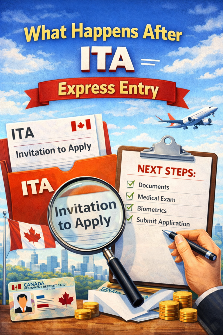 Illustration explaining what happens after receiving an ITA in Express Entry, showing invitation to apply documents, next steps checklist, Canada permanent resident card, Toronto skyline, and immigration process icons.